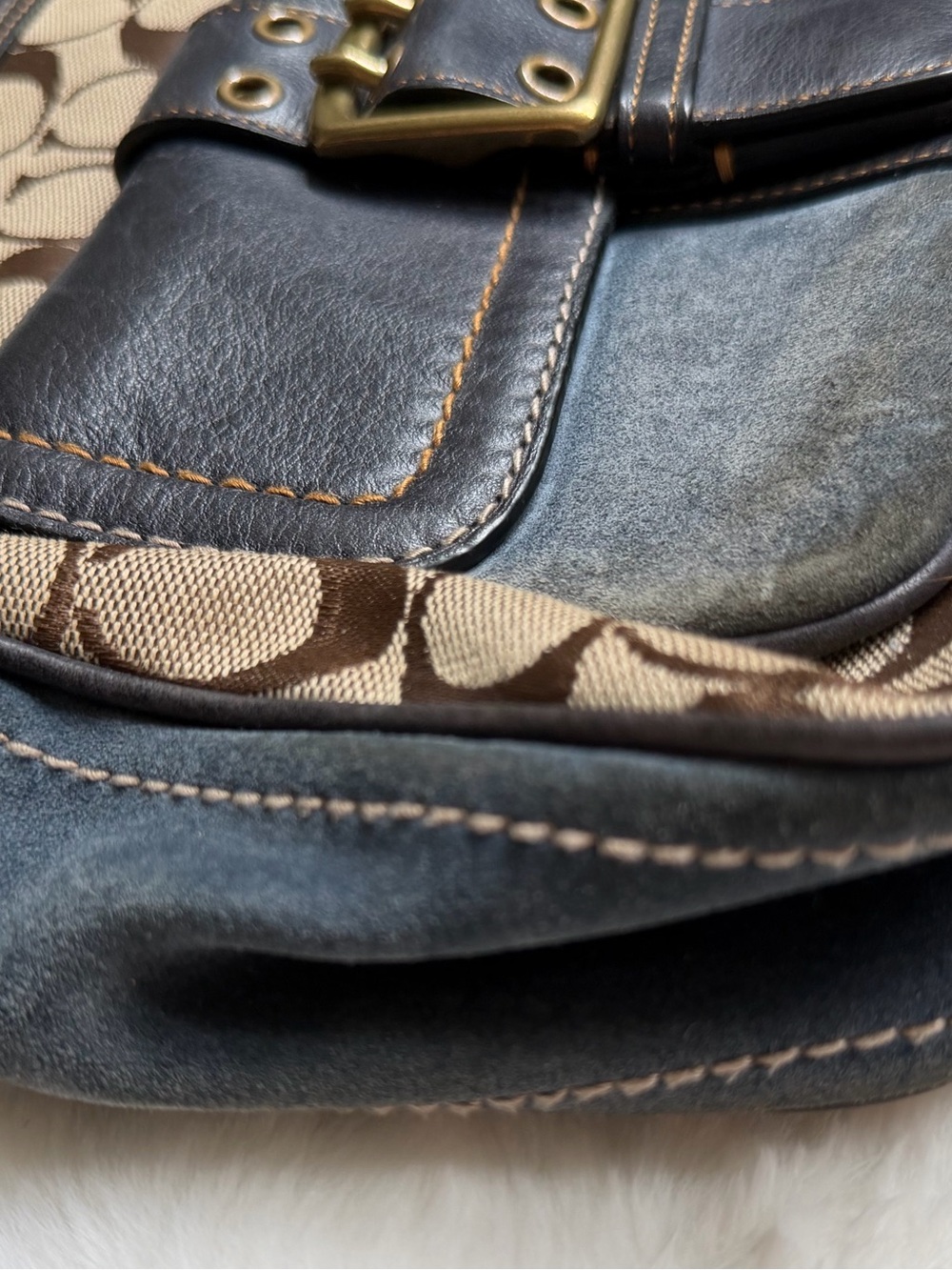 Coach Brown Logo Canvas Shoulder Bag with Dark Blue Leather Trim - Picture 8 of 10